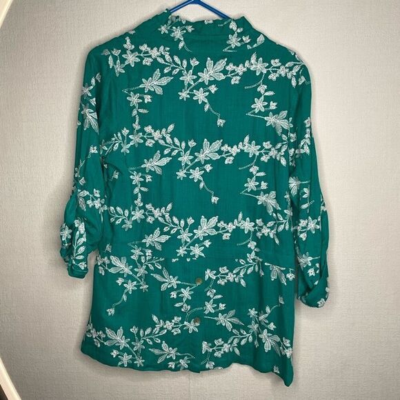 SOFT SURROUNDINGS Green‎ Embroidered Roll Tab Sleeve Tunic Linen  Blouse Sz PS - Picture 3 of 11